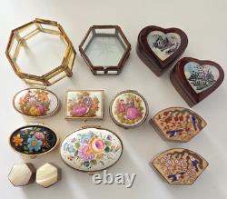 Lot of 13 Vintage Trinket Boxes Limoges Style, Cloisonne, Glass, Mother of Pea