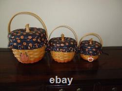 Lot of 3 Longaberger Pumpkin Basket Set with Lids & Two Tie Ons