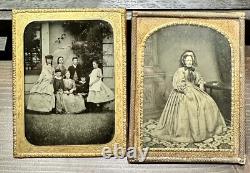 Lot of TWO 1/4 Ambrotype Photos 1850s Group Women Men Outdoor Tinted Color