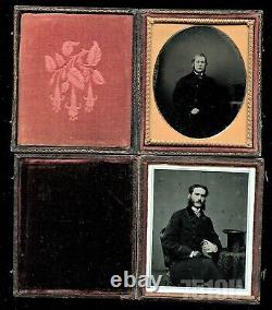 Lot of two 1/6 ambrotypes men with top hats british photographer studio labels