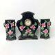 Mantelpiece Set Painted China Clock W Two Vases Black Pink Roses 30s Vtg England