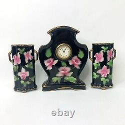 Mantelpiece Set Painted China Clock w Two Vases black Pink Roses 30s vtg England