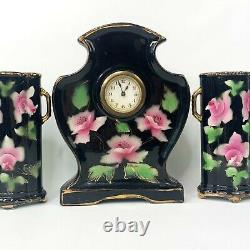 Mantelpiece Set Painted China Clock w Two Vases black Pink Roses 30s vtg England