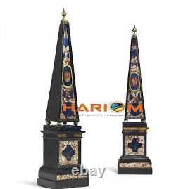 Marble Obelisks Set of Two Pieces Ancient Egyptians Mosaic Multi Stone Decorate