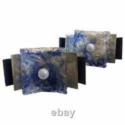 Mazzega Set of Two Space Age White and Blue Murano Glass Wall Sconces circa 1970