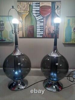 Mid Century Modern Smoked Glass Chrome Ball Lamp Set Of Two Dual Bulb NICE