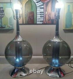 Mid Century Modern Smoked Glass Chrome Ball Lamp Set Of Two Dual Bulb NICE