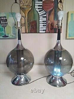 Mid Century Modern Smoked Glass Chrome Ball Lamp Set Of Two Dual Bulb NICE