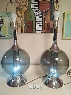 Mid Century Modern Smoked Glass Chrome Ball Lamp Set Of Two Dual Bulb NICE