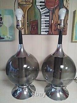 Mid Century Modern Smoked Glass Chrome Ball Lamp Set Of Two Dual Bulb NICE