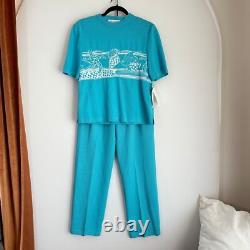 NWT St. John Collection Knit Set Top & Pants Turquoise White Nautical Wool S/6