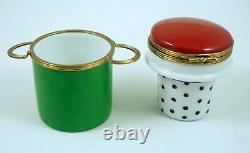 New French Limoges Box Two Piece Set Spaghetti Pasta Pot w Painted Vegetables