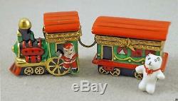 New French Limoges Trinket Box Santa's Christmas Train Set of Two Locomotive