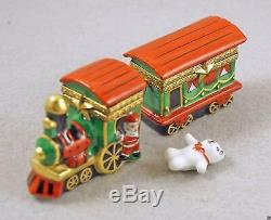 New French Limoges Trinket Box Santa's Christmas Train Set of Two Locomotive