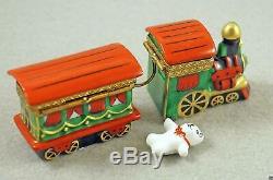 New French Limoges Trinket Box Santa's Christmas Train Set of Two Locomotive