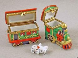 New French Limoges Trinket Box Santa's Christmas Train Set of Two Locomotive