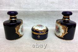Nice 1940 Blue Cobalt Porcelain Three Pieces Vanity Set Box And Two Bottles