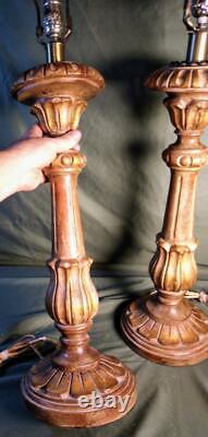 Old Vintage Carved Wood Church Pricket Style Table Lamps Set Pair of Two 2 Italy