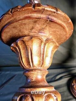 Old Vintage Carved Wood Church Pricket Style Table Lamps Set Pair of Two 2 Italy