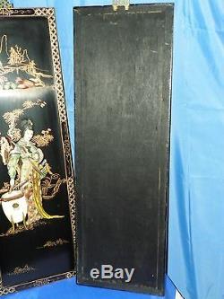 Oriental Asian Carved Mother Of Pearl Black Lacqured Panels Set Of Two