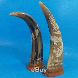 Oriental Etched Dragon Scrimshaw Buffalo Horns On Wooden Base Set Of Two