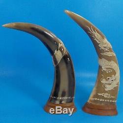 Oriental Etched Dragon Scrimshaw Buffalo Horns On Wooden Base Set Of Two