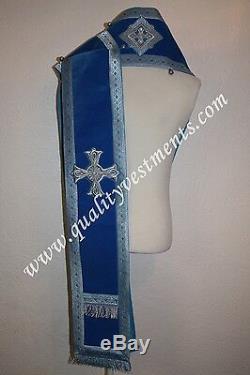 Orthodox Bishop Vestment Omophors German Blue Velvet set of two Silver crosses