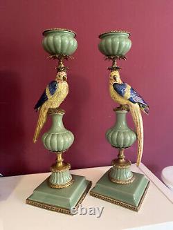 Pair Set Porcelain, Bronze Candlestick Parrots