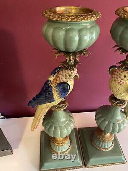 Pair Set Porcelain, Bronze Candlestick Parrots