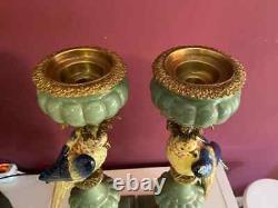 Pair Set Porcelain, Bronze Candlestick Parrots