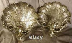 Pair Set of 2 Two Ornate Cast Brass Seashell Candle Wall Sconces Rococo Shells