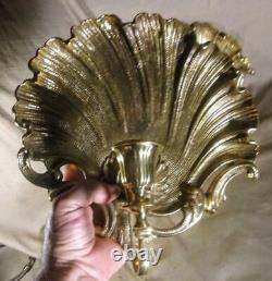 Pair Set of 2 Two Ornate Cast Brass Seashell Candle Wall Sconces Rococo Shells