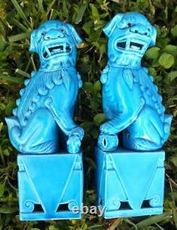 Pair Set of Two 2 Buddhist Foo Fu Chinese Dogs Lions Statues Blue Glaze China