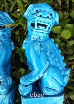 Pair Set of Two 2 Buddhist Foo Fu Chinese Dogs Lions Statues Blue Glaze China