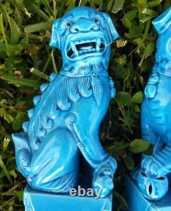Pair Set of Two 2 Buddhist Foo Fu Chinese Dogs Lions Statues Blue Glaze China