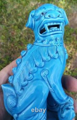 Pair Set of Two 2 Buddhist Foo Fu Chinese Dogs Lions Statues Blue Glaze China