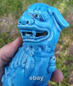 Pair Set of Two 2 Buddhist Foo Fu Chinese Dogs Lions Statues Blue Glaze China