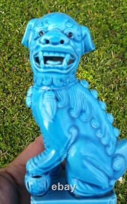 Pair Set of Two 2 Buddhist Foo Fu Chinese Dogs Lions Statues Blue Glaze China