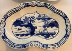 Pair Vntg Blue Transferware Double Pickle Dishes c1820 Staffordshire Chinoiserie