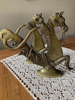 Pair of Antique Venetian Brass Gondola Seahorse Hippocampus Set Gold Bookend Two