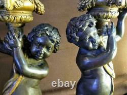 Pair of Two 2 Bronze Cherub Putti Candlesticks Figural Statues Art Sculpture Set