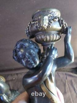 Pair of Two 2 Bronze Cherub Putti Candlesticks Figural Statues Art Sculpture Set