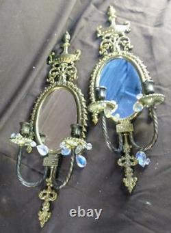 Pair of Two 2 Old Vintage French Style Mirrored Brass Wall Candle Sconces Set