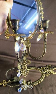 Pair of Two 2 Old Vintage French Style Mirrored Brass Wall Candle Sconces Set