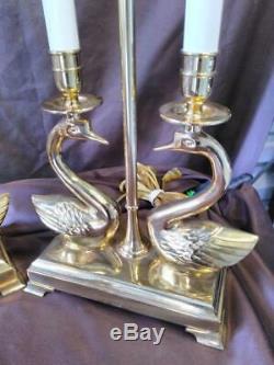 Pair of Two 2 Set Double Brass Swans Figural Table Lamps Vintage Lighting Swan