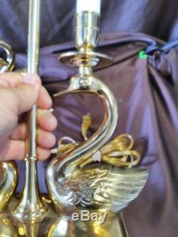 Pair of Two 2 Set Double Brass Swans Figural Table Lamps Vintage Lighting Swan