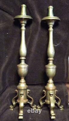 Pair of Two 2 Set of Antique Brass Metal Candlesticks American Americana Old