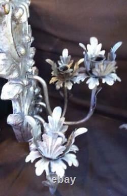 Pair of Two 2 Set of Decorative Candle Wall Sconces Silver Gilt 3 Tole Arms Bird