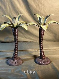 Pair of Two 2 Tropical Beach Palm Tree Cast Metal Iron Brass Candlesticks Set