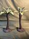 Pair Of Two 2 Tropical Beach Palm Tree Cast Metal Iron Brass Candlesticks Set